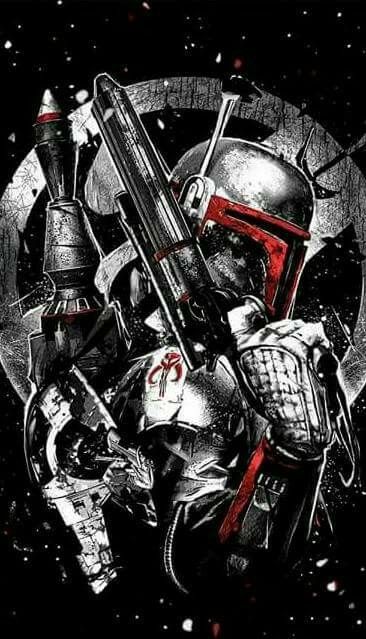 the boba fett poster from star wars is shown in black and white with red accents