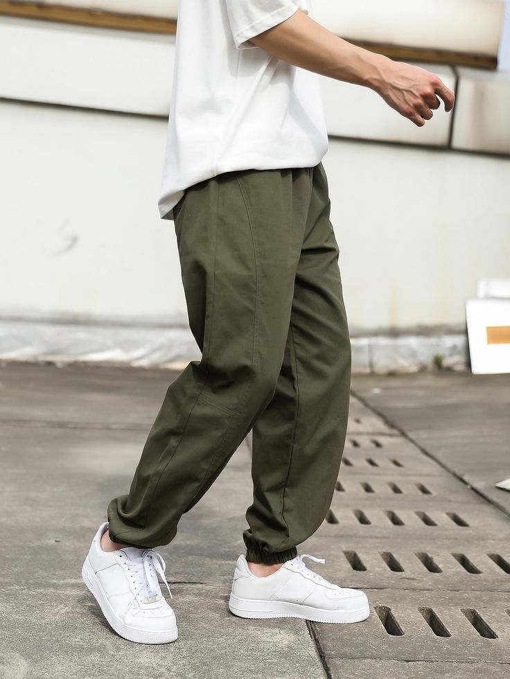 Army Green Casual   Nylon Plain Tapered/Carrot Embellished Slight Stretch Spring/Summer/Fall Men Bottoms Hong Kong Style, Streetwear Mode, Tapered Trousers, Mens Pants Fashion, Pantalon Large, Elastic Waist Pants, Tapered Pants, Ankle Length Pants, Casual Black