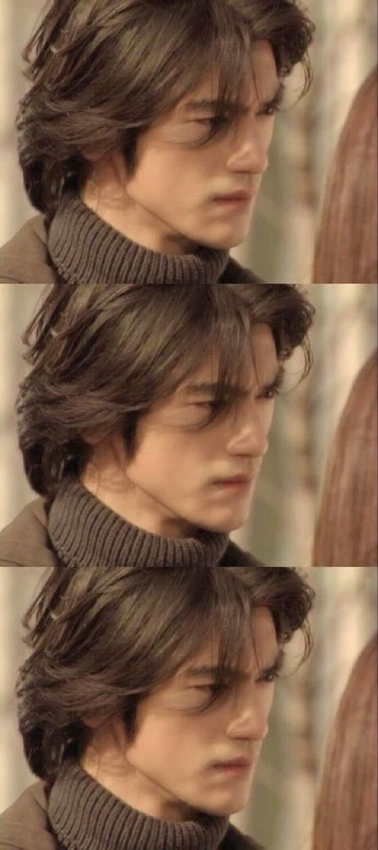 three different shots of a man with long hair and wearing a turtle neck sweater, looking to the side