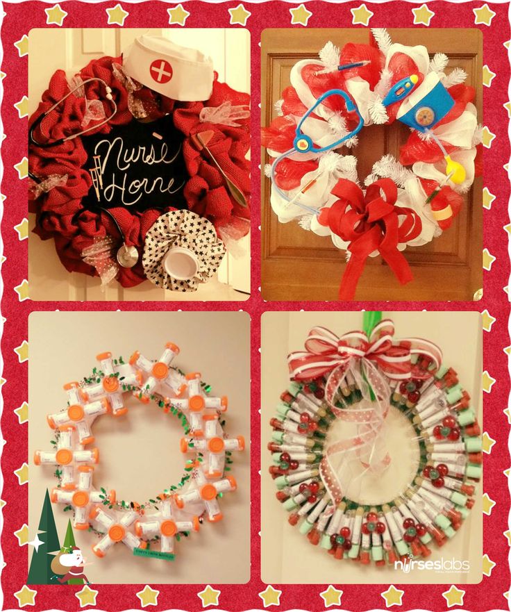 four different christmas wreaths with scissors and other items on them, all decorated in various colors