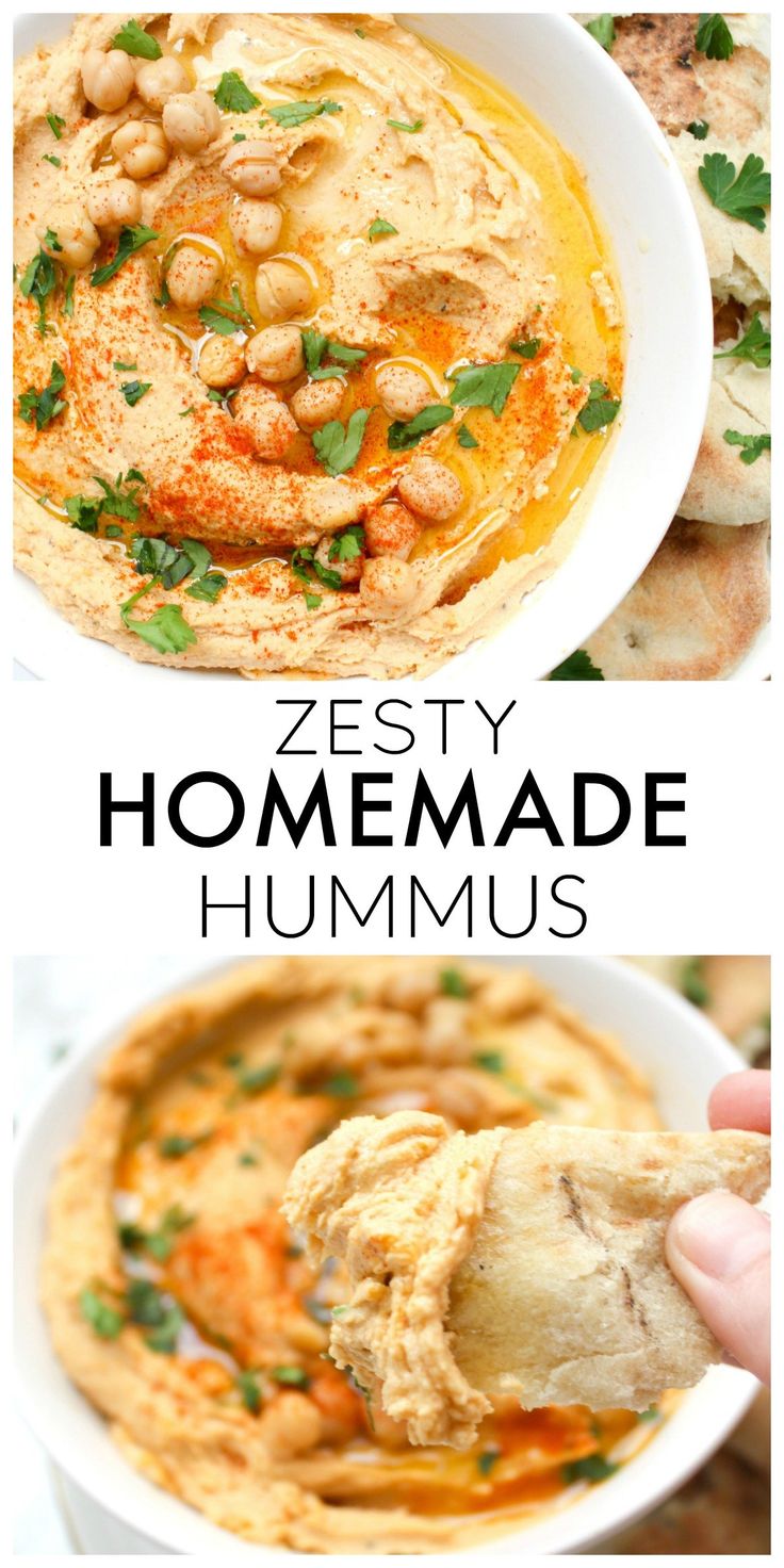 three different hummuss in white bowls with the words zesty homemade hummus