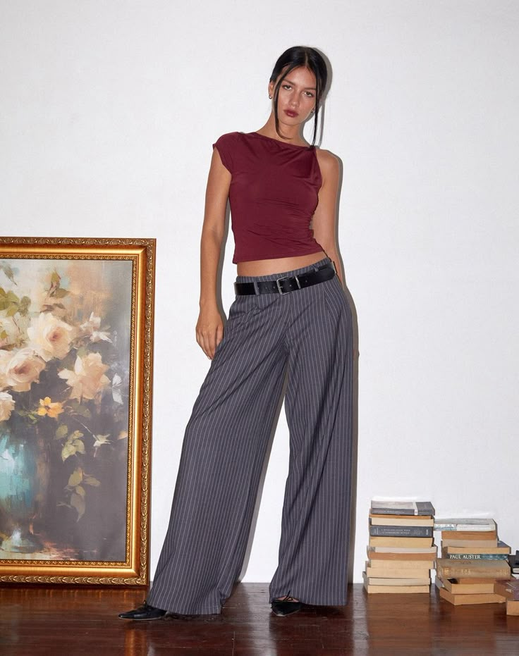 Women's Trousers - Motel Rocks – motelrocks.com Pinstripe Trousers Outfit Casual, Wide Leg Trousers Outfit Women, Pinstriped Trousers Outfit, Grey Pinstripe Trousers Outfit, Grey Tailored Pants Outfit, Low Rise Trousers Outfit, Business Pants Outfit, Outfits With Grey Pants, Dark Grey Pants Outfit