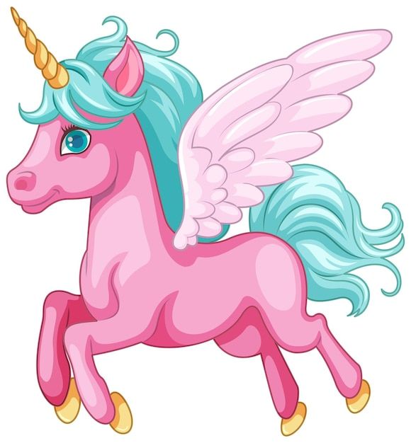 a pink and blue unicorn with wings on it's back, standing in the air