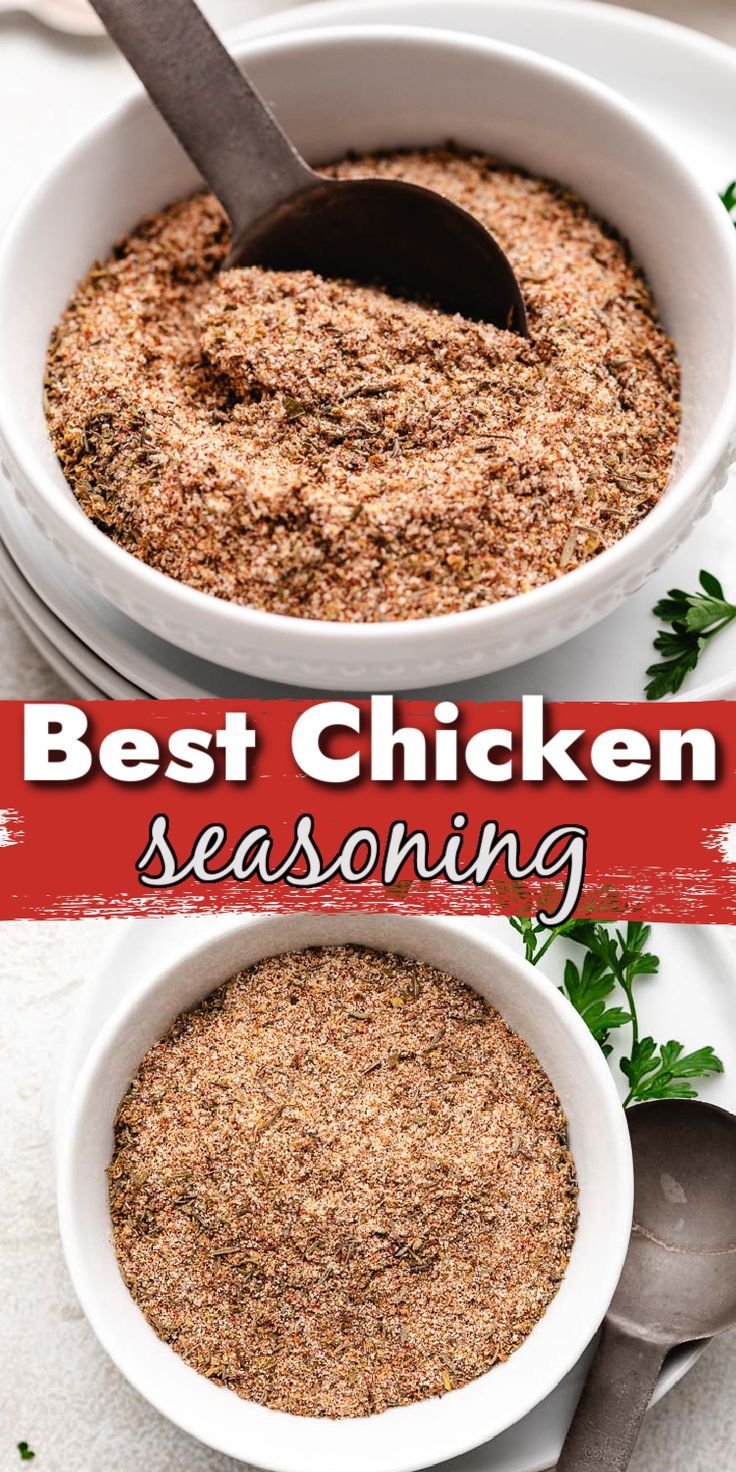 Two photos of seasoning blend in a collage. Easy Chicken Seasoning, Best Chicken Seasoning, Chicken Seasoning Recipes, Homemade Dry Mixes, Dry Rub Recipes, Homemade Spice Mix, Spice Mix Recipes, Seasoning And Spice, Homemade Spice Blends