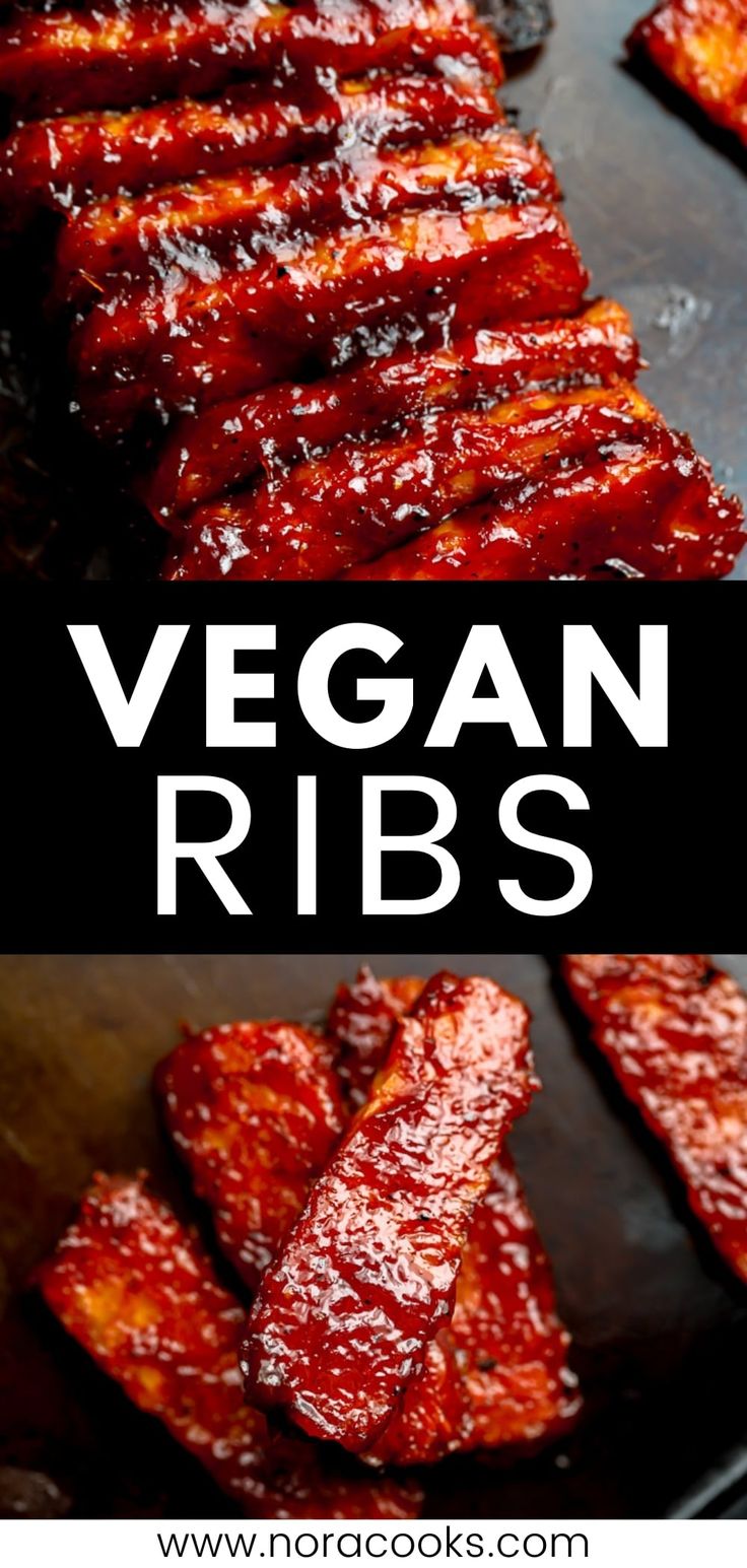 vegan ribs with bbq sauce on top and the words vegan ribs above them