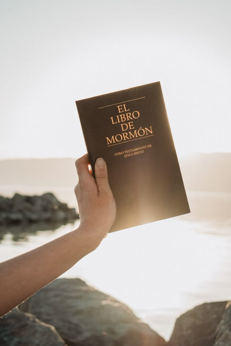 a person holding up a book in front of the ocean