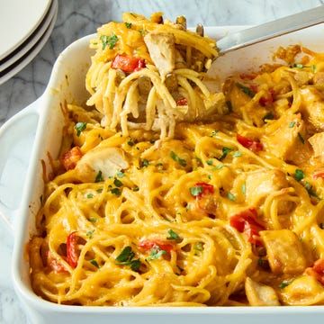 a casserole dish filled with chicken and noodles