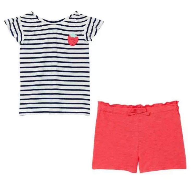 Characteristic: Color(S): Navy, Blue, Pink Set Includes: 1 Short Sleeve T-Shirt, 1 Short T-Shirt Strawberry Graphic Striped Ruffle Sleeve T-Shirt Pink Slip-On Shorts With Non-Functional Laces Made In Indonesia Content: T-Shirt: 100% Cotton Short: 100% Cotton Exclusive For Decoration Sizes: 3t | 4t | 5t Size Subject To Availability Care Instructions: Wash Before Use Turn Garment Inside Out Machine Wash Cold With Like Colors Use Only Non-Chlorine Bleach When Needed Tumble Dry Medium Hot Iron If Ne Pink Cotton School Sets, Cute Striped Cotton Sets, Pink Summer School Sets, Summer School Sets With Short Sleeves, Pink Short Sleeve School Sets, Pink Summer School Tops, Striped Short Sleeve Sets For Spring, Pink Casual Playwear Sets, Tutu Couture