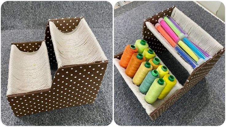 two baskets filled with different colored thread and spools