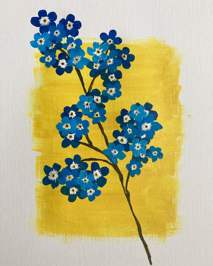 a painting of blue flowers on a yellow background