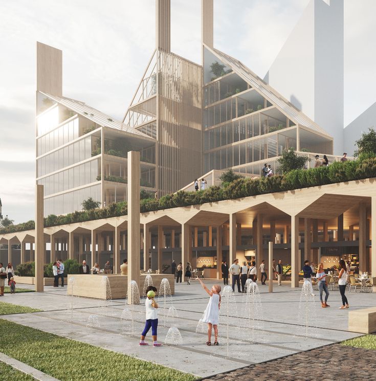 an artist's rendering of children playing in front of a building with water fountains