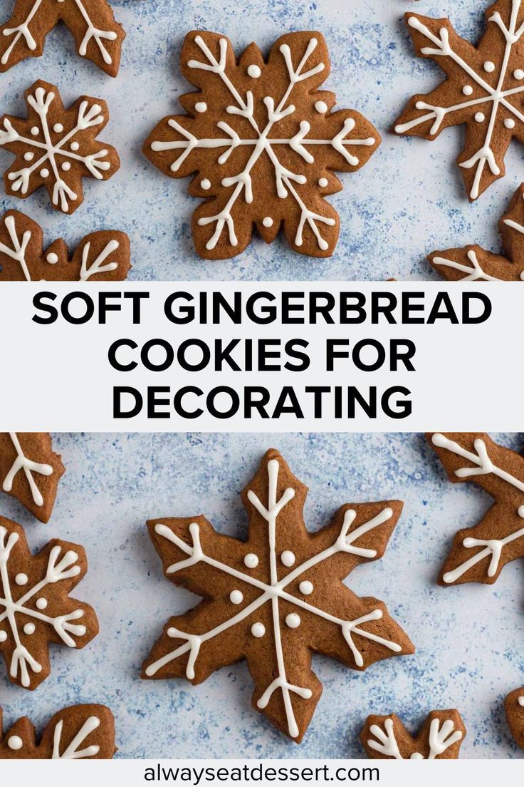 soft gingerbread cookies with white icing and decorated snowflakes