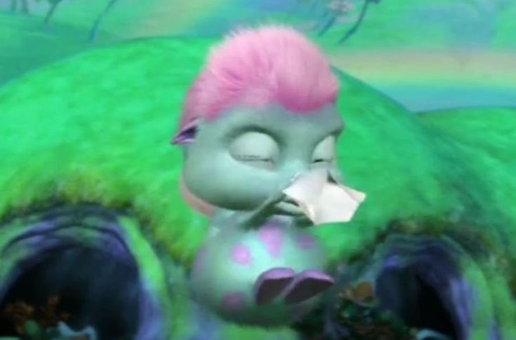 a cartoon character with pink hair and blue eyes is in front of a green hill