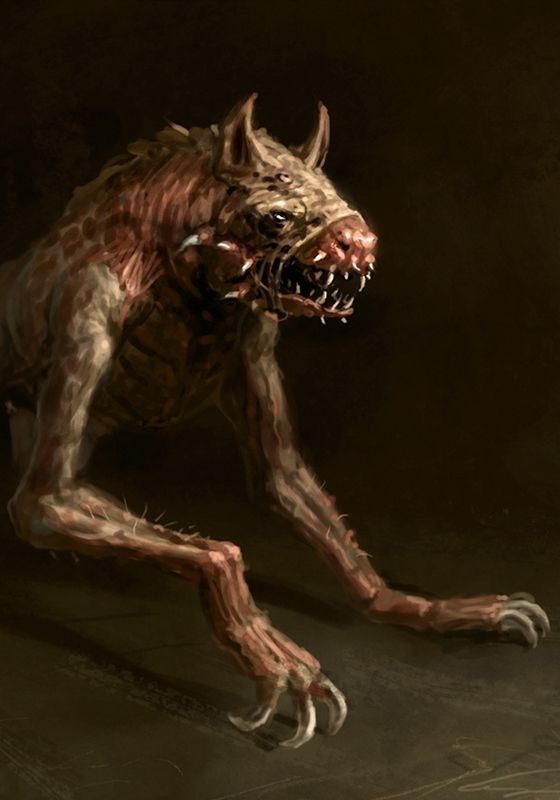 a drawing of a creature with large teeth and claws on it's face, running