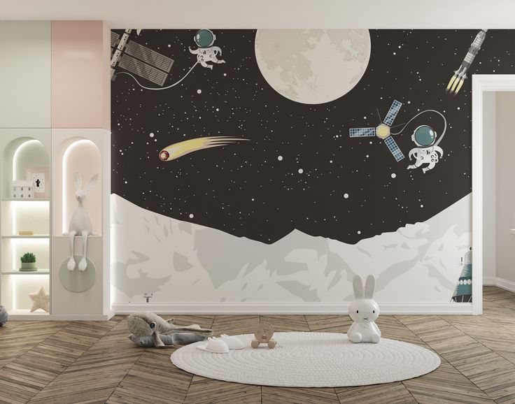 this is an image of a child's room with space themed wallpapers