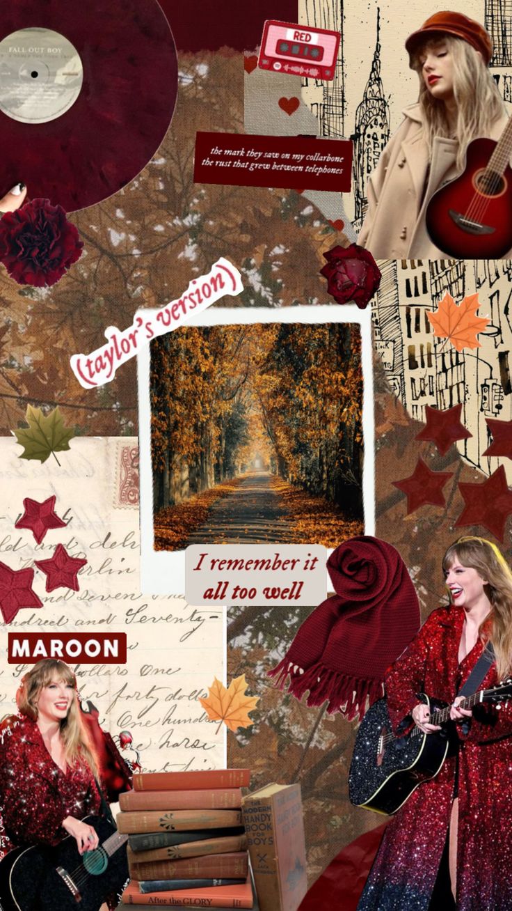 the collage is made up of many different items and colors, including an image of a woman in a red dress