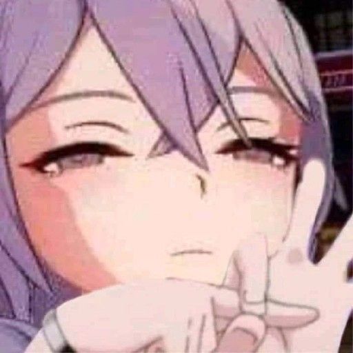 an anime character with purple hair holding her hand up to her face