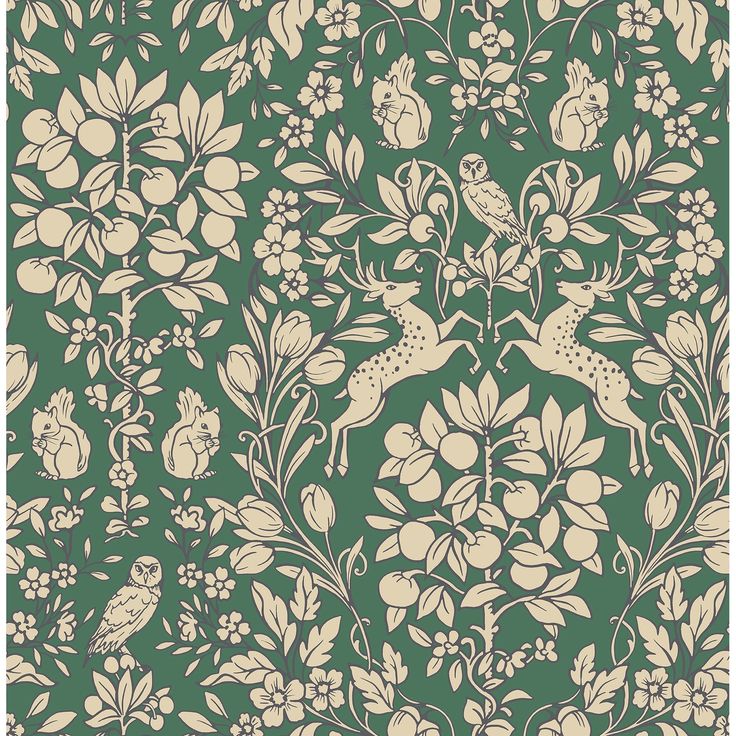 a green wallpaper with birds and flowers