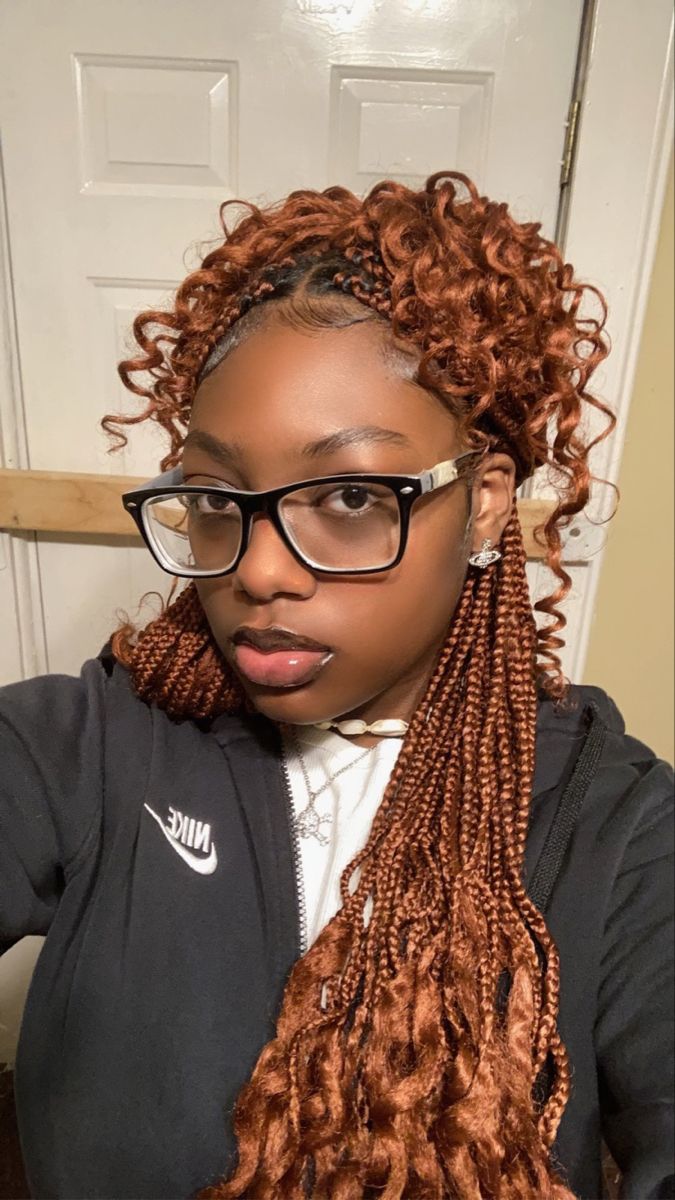 Ginger Color Braids For Black Women, Ginger Brown Box Braids, Curly Ginger Braids, Brown Bohemian Box Braids, Glowing Outfits, Ginger Bohemian Knotless Braids, Ginger Brown Braids, Ginger Hair Black Women Braids, Ginger Braids For Black Women