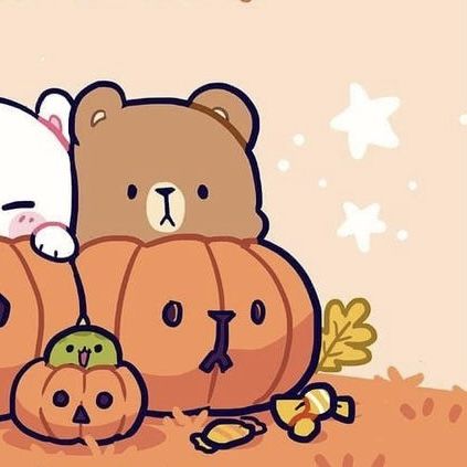 two teddy bears sitting on top of pumpkins in front of a cat and mouse