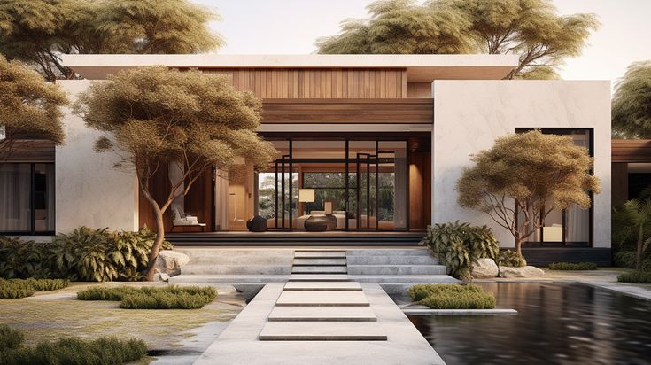 an artist's rendering of a modern house with trees and water in front of it