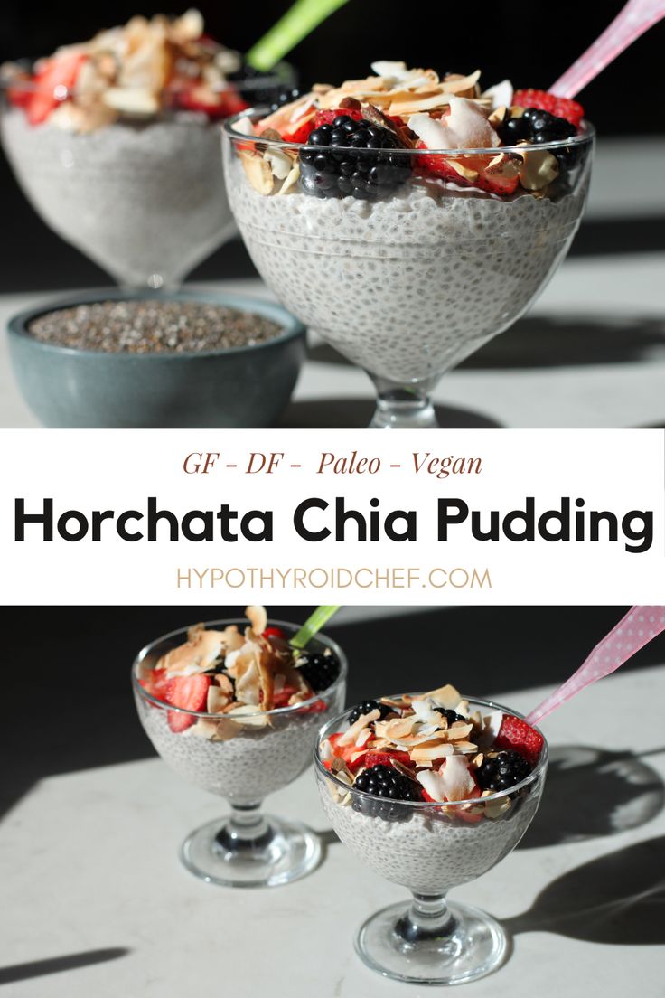 two glasses filled with chia pudding on top of a table