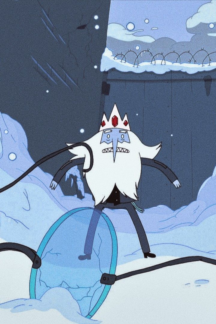 a cartoon character is on top of an object in the middle of a snowy landscape