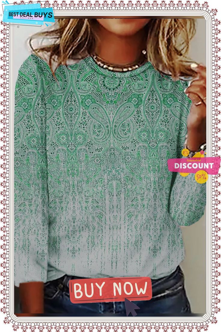 Printed Casual Long Sleeve T-shirt Casual Long Sleeve Tops With All Over Print, Green Long Sleeve Top With Letter Print, Spring Crew Neck T-shirt With All Over Print, Green Long Sleeve Tops With All Over Print, Spring Green Top With Letter Print, Green Letter Print Top For Spring, Vintage All-over Print Top For Spring, Casual Printed Crew Neck Top, Fall Printed Crew Neck T-shirt