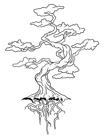 a bonsai tree is shown in this black and white drawing, it looks like the branches