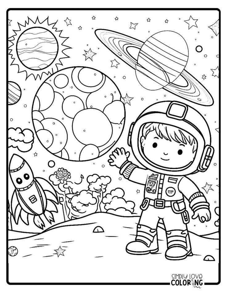 an astronaut coloring page with planets and stars in the sky, as well as a space shuttle