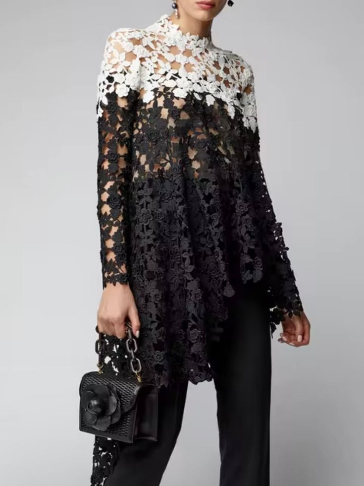 Black eyelet lace long sleeves top - Wapas Eyelet Lace Fabric, Black Floral Blouse, Lace Outfit, Lace Top Long Sleeve, Elegant Blouses, Asymmetrical Tops, Loose Blouse, Eyelet Lace, Mixing Fabrics