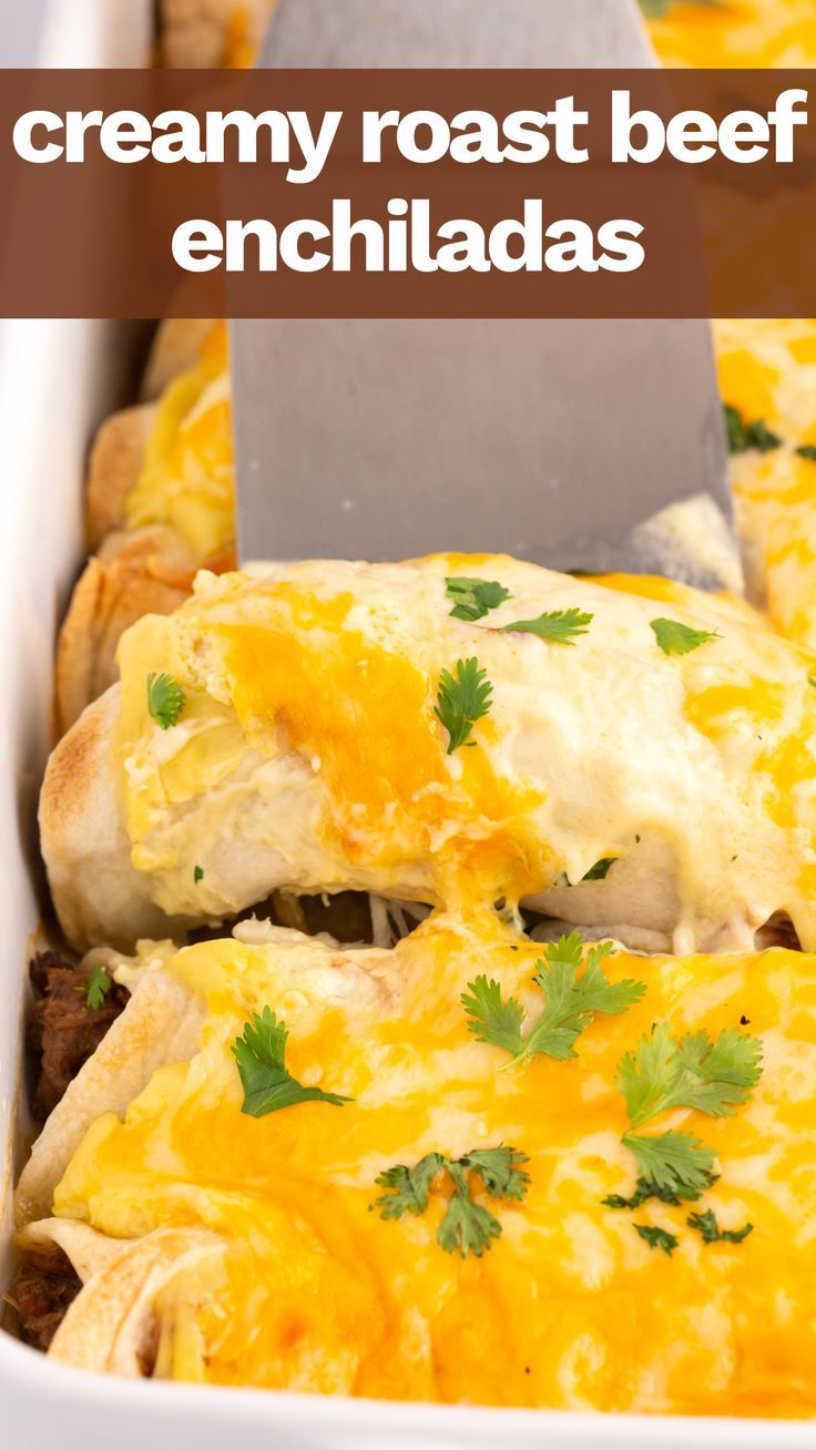 an enchiladas dish in a white casserole dish with cheese and cilantro