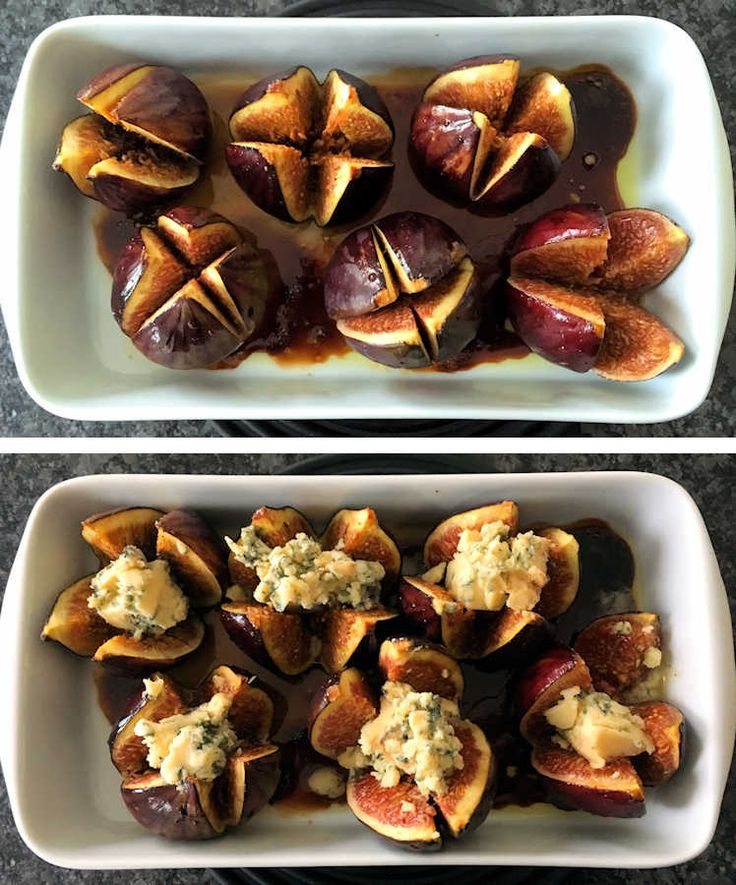 two white dishes filled with food on top of a table