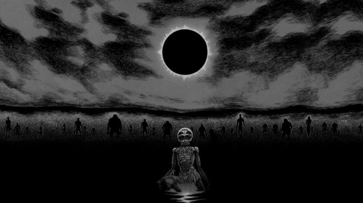 a black and white image of people standing in front of a dark sky with the moon