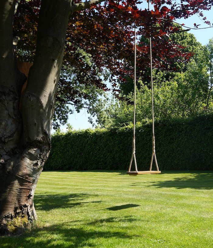 two swings in the middle of a grassy field