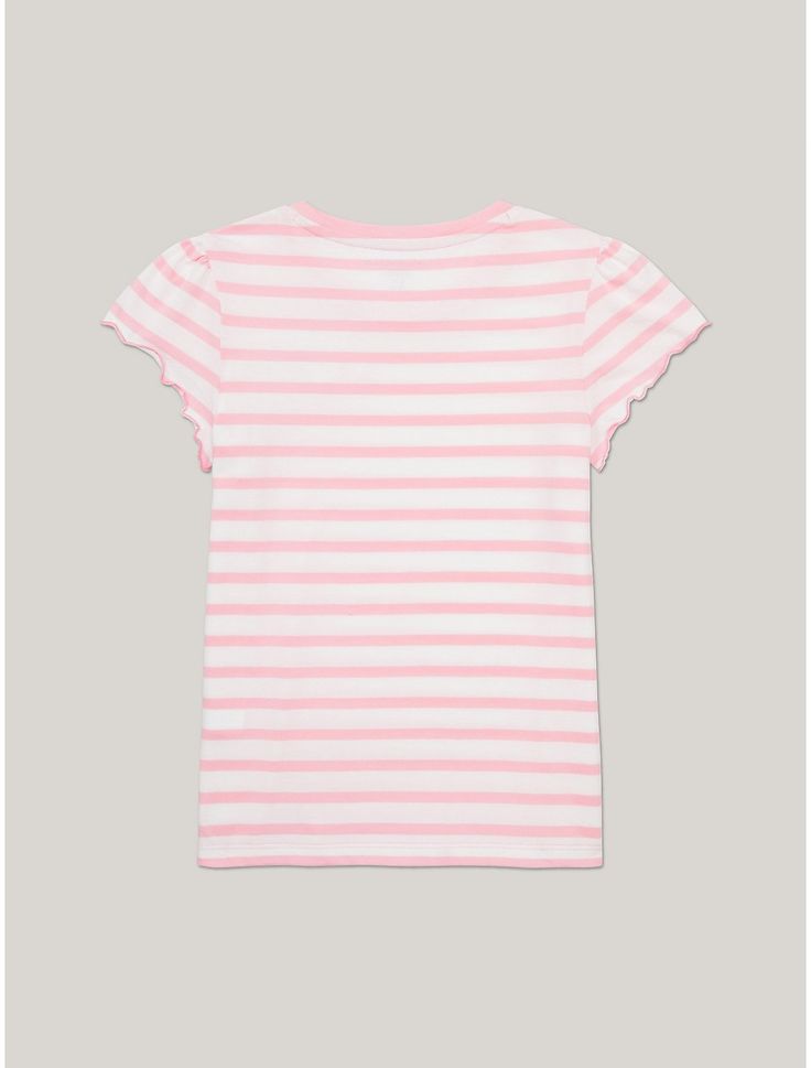 Tommy Hilfiger girls' T-shirt.  Material: 100% Regenerative Cotton. Tommy Hilfiger Striped Tops For Spring, Cute Striped Cotton T-shirt, Trendy Tommy Hilfiger Cotton T-shirt, Summer Striped Tops By Tommy Hilfiger, Tommy Hilfiger Striped Tops For Summer, Tommy Hilfiger Short Sleeve Tops For Spring, Tommy Hilfiger Spring Tops With Short Sleeves, Tommy Hilfiger Pink Summer Tops, Casual Pink Tommy Hilfiger Top