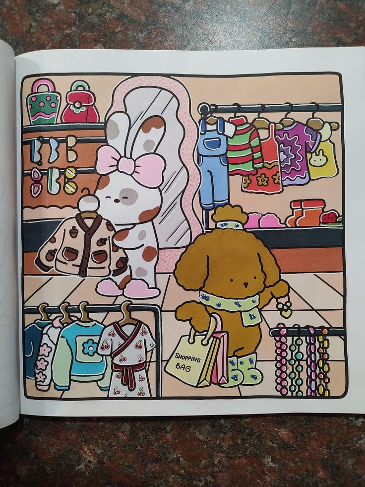 an open children's book with pictures of clothes and teddy bears in the store