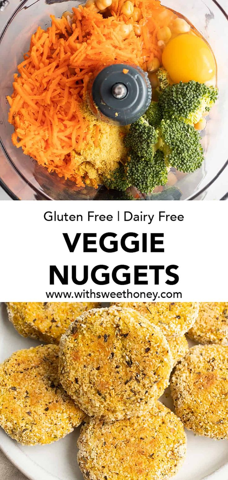 an image of vegetables and nuggets in a food processor with the text gluten free dairy free veggie nuggies