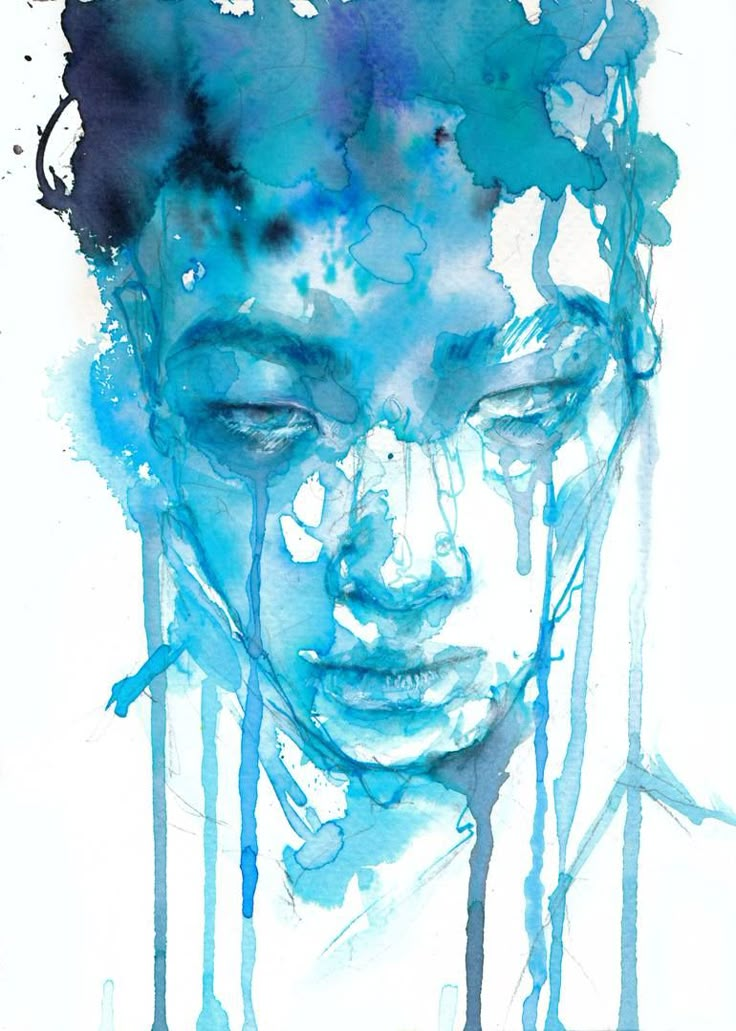 a watercolor painting of a woman's face with blue paint dripping from her hair