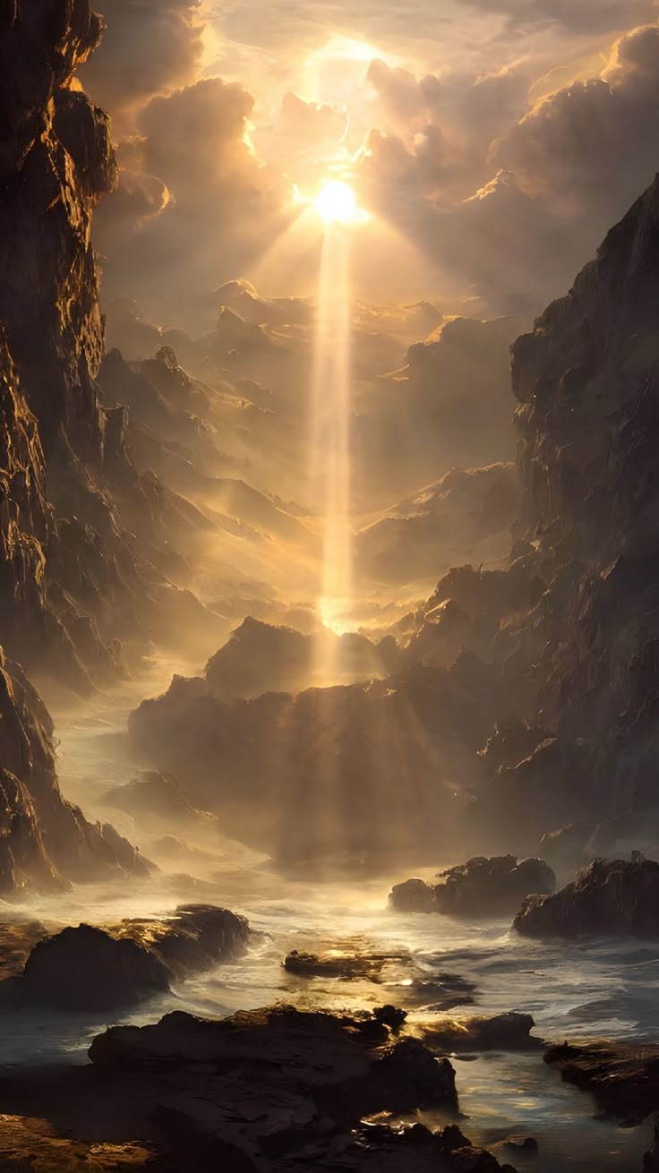 an image of the sun shining through clouds over water with rocks and boulders in the foreground