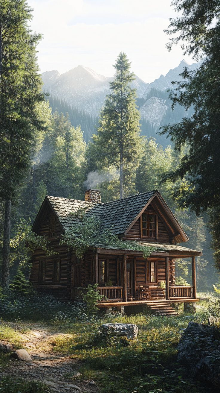 a painting of a log cabin in the woods with mountains in the backgroud