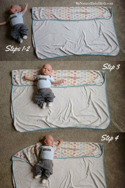 three photos of a baby laying on top of a blanket with instructions for how to use it