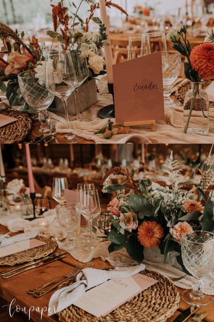 the table is set with flowers and place cards