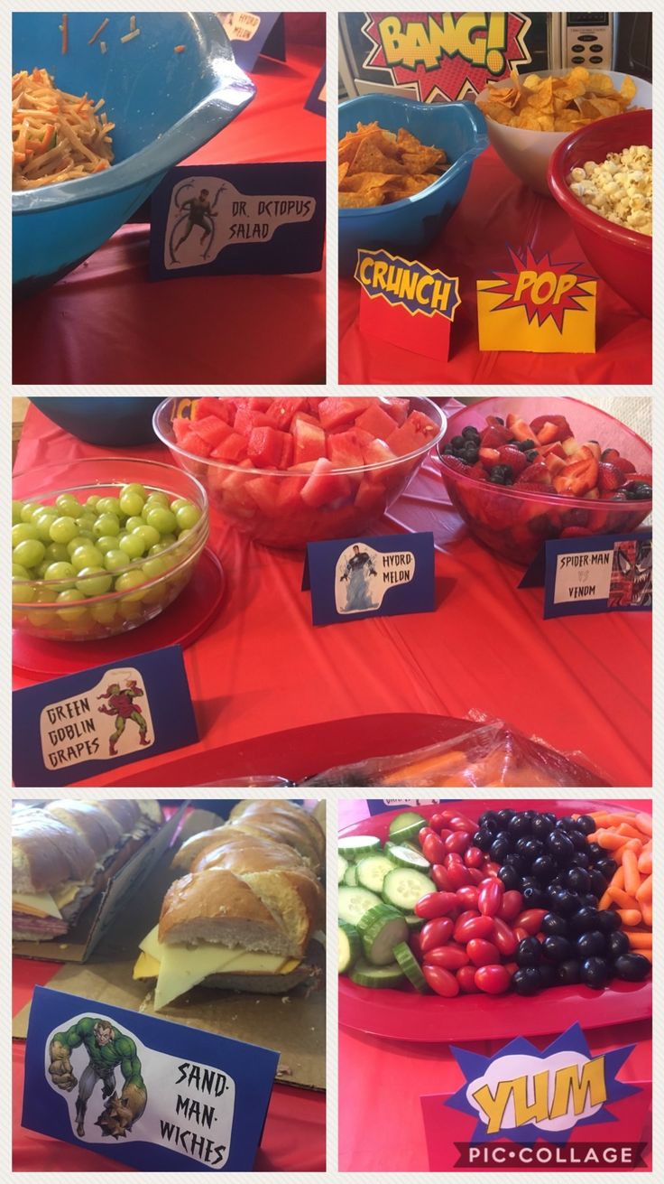 the table is full of different foods and snacks for kids to eat at their birthday party