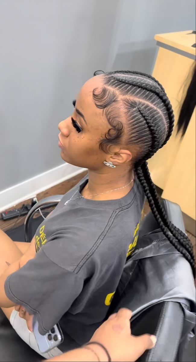 4 Straight Back Feed In Braids, Freestyle Braids, Edges Laid, Thick Braids, Twist Locs, Cornrows Braids For Black Women, Quick Braids, Magenta Hair, Pretty Braids