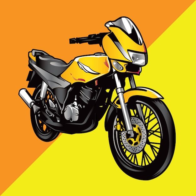 a yellow and black motorcycle parked on top of a yellow and orange background with the word moto written below it