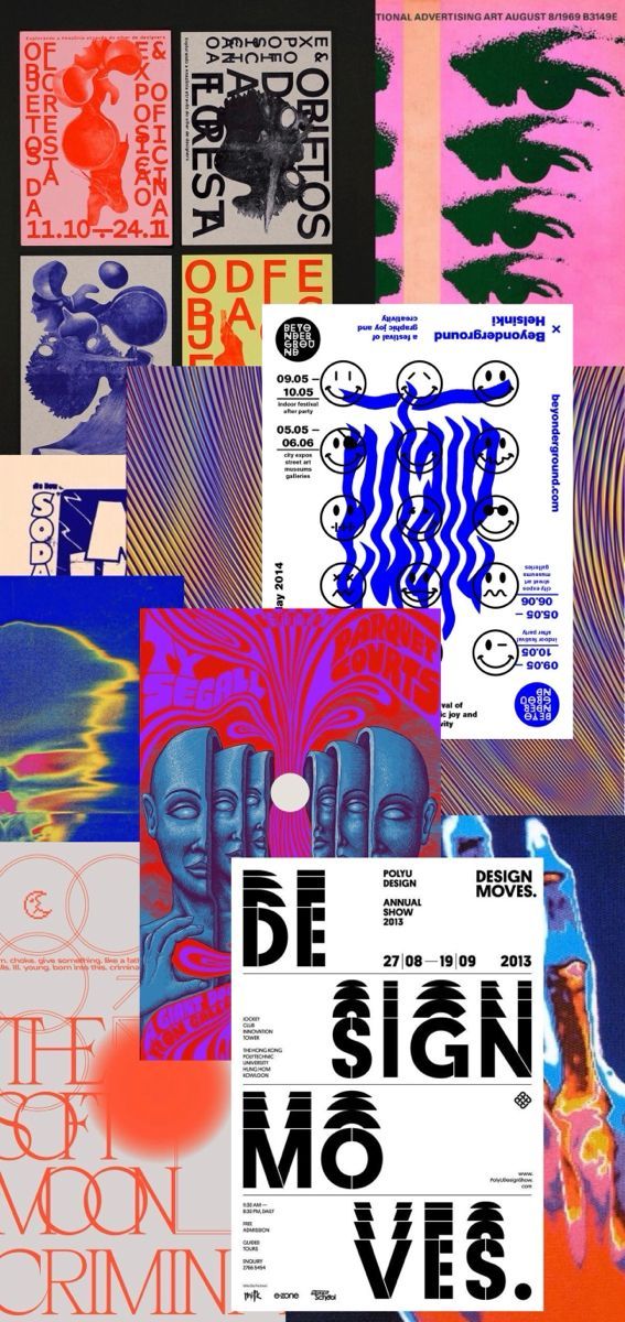 various posters with different colors and designs on them, including one that says design movins