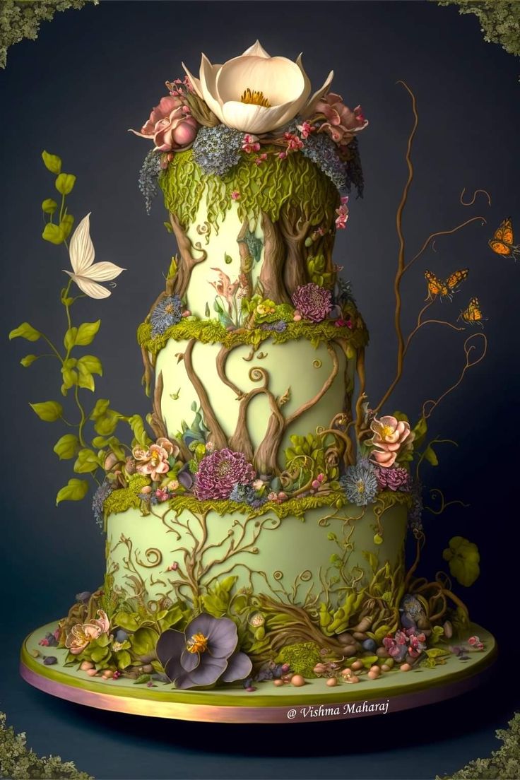 a three tiered cake with flowers and vines on it's side, in front of a blue background