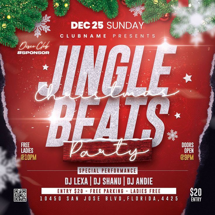 the jungle beats party flyer is shown with snowflakes and evergreens on it