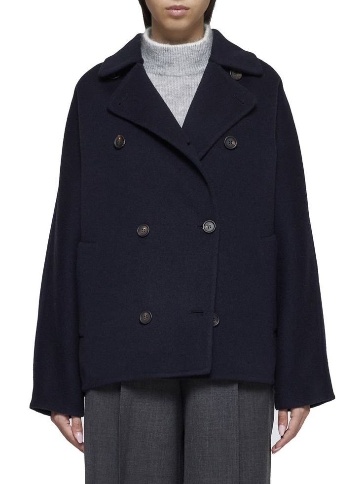 Brunello Cucinelli's unlined double-breasted peacoat in navy blue virgin wool and cashmere featuring a pointed collar, side pockets and dropped shoulders.Size Type: Italy WomenGender: WomenMaterial: WOOL OR FINE ANIMAL HAIR->VIRGIN WOOL90 % WOOL OR FINE ANIMAL HAIR->CASHMERE10 %Color: BLUEMade in: ITProduct ID: MD5327871-C025*Import tax/duty will be calculated at checkout (If applicable) Navy Double-breasted Peacoat For Office, Navy Double-breasted Blazer For Fall, Navy Double-breasted Wool Blazer, Blue Wool Pea Coat With Double Button Closure, Navy Pea Coat With Double Button Closure For Business, Navy Pea Coat With Double Button Closure For Office, Blue Wool Double-breasted Outerwear, Navy Double-breasted Business Peacoat, Navy Double-breasted Peacoat With Notch Lapel